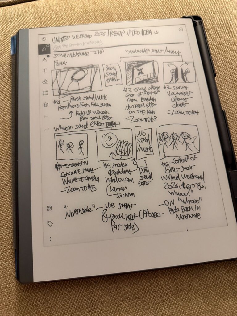 a photo of my shot list that I wrote in my remarkable 2 tablet that shows shots I want to have in the recap video